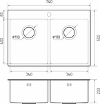 Превью картинка Металлическая мойка Rivelato RINOX 7450 2В нерж.сталь 2 чаши 740*500*200 мм #2