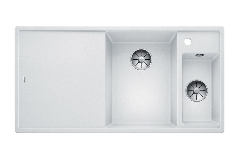Фото Гранитная мойка Blanсo AXIA III 6 S SILGRANIT PuraDur белый чаша справа, разделочный столик ясень c кл.-авт. InFino