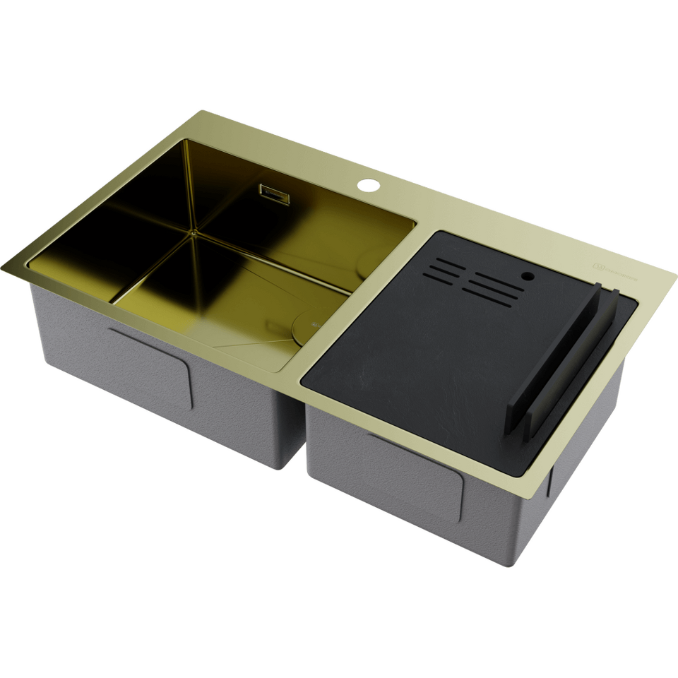 Фото Металлическая мойка Omoikiri Akisame 86-2 Side-LG нерж. сталь/светлое золото