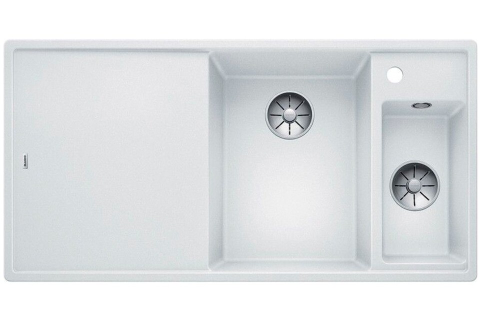 Фото Гранитная мойка Blanсo AXIA III 6 S-F SILGRANIT PuraDur белый чаша справа, доска стекло c кл.-авт. InFino