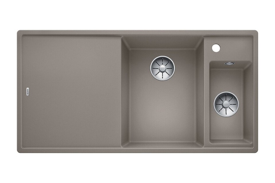 Фото Гранитная мойка Blanсo AXIA III 6 S SILGRANIT PuraDur серый беж чаша справа, разделочный столик ясень c кл.-авт. InFino