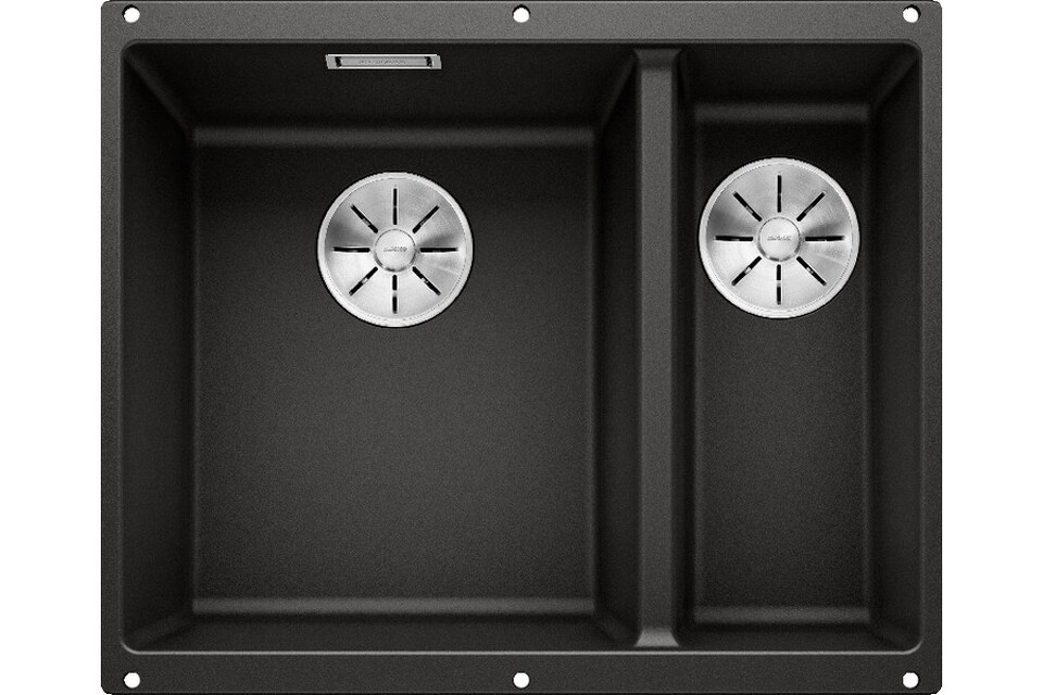 Фото Гранитная мойка Blanсo SUBLINE 340/160-U SILGRANIT PuraDur черный (чаша слева) с отв.арм. InFino