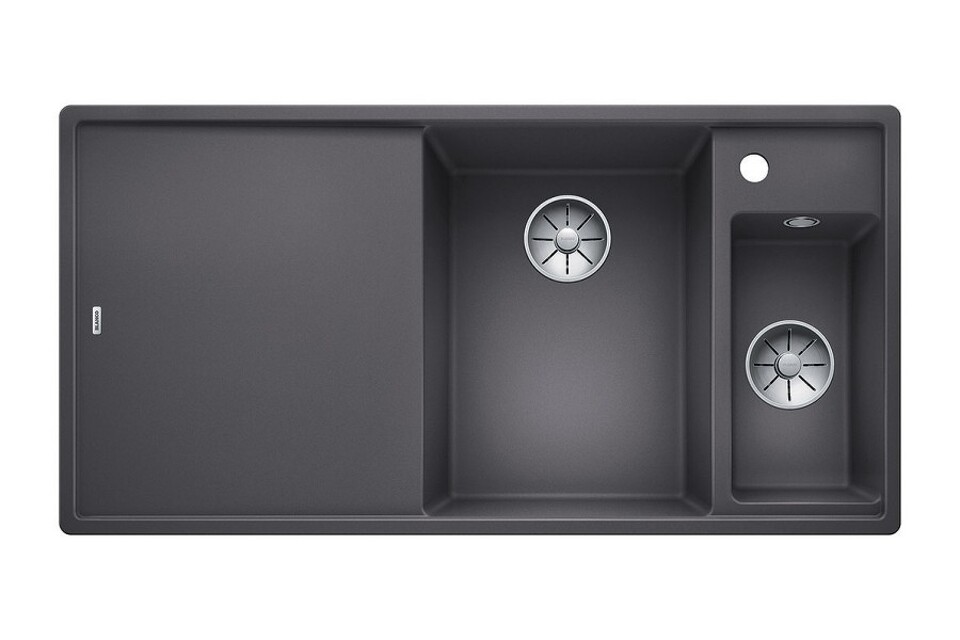 Фото Гранитная мойка Blanсo AXIA III 6 S SILGRANIT PuraDur темная скала чаша справа, разделочный столик ясень c кл.-авт. InFino